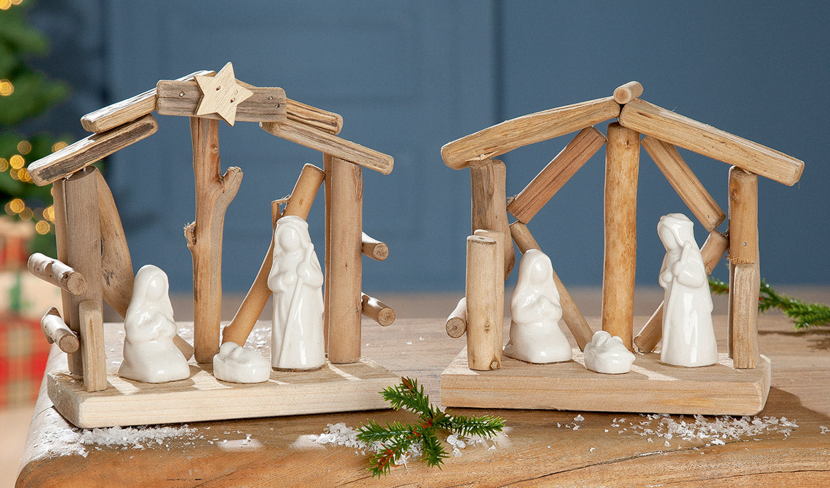 Gilde Krippe aus Treibholz mit weißen Figuren Josef Marie und Jesus
