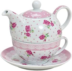 Tea for one Set 3-teilig Porzellan Teekanne mit Tasse und Untertasse mit Rosen und Blumen