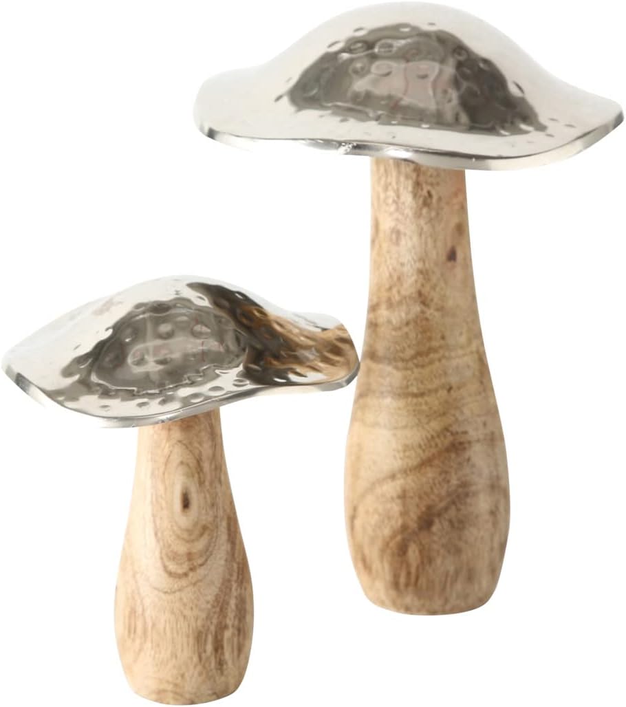 Boltze Dekoaufsteller 2-teilige Pilzfiguren, Mangoholz/Aluminium, Dekoration Winter, Herbstdekoration