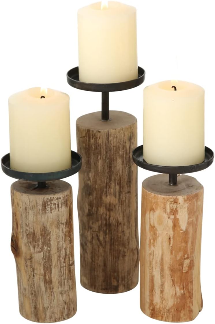 Boltze Kerzenständer Tempe (3-teiliges Set, Kerzenhalter aus Holz + Metall, stilvolles Design, Dekoration Esstisch / Kommode, Boho Sti
