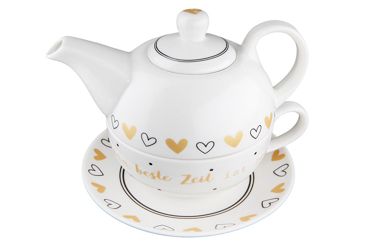 Tea for one Beste Zeit mit Herzmotiv und Spruch Knrochenporzellan