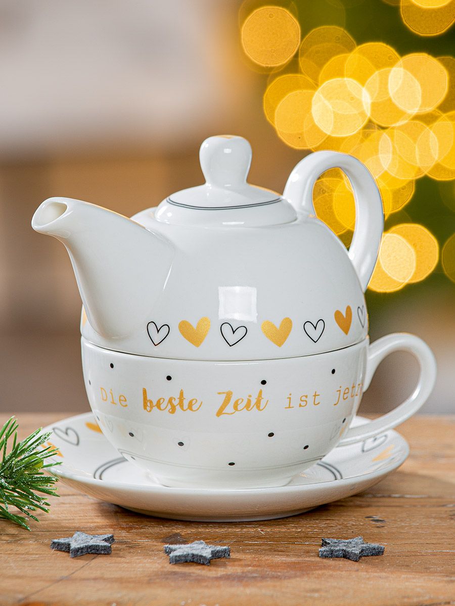 Tea for one Beste Zeit mit Herzmotiv und Spruch Knrochenporzellan