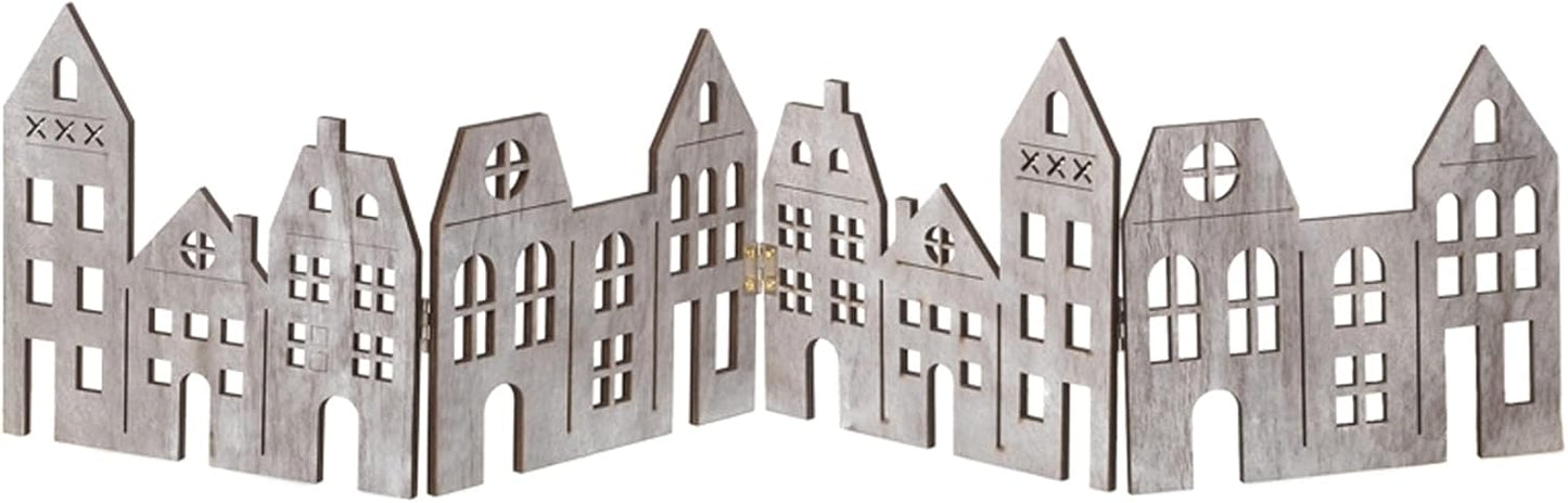 Häuserzeile aus Holz, Winterdeko Fensterdeko Weihnachtsdekoration 60 x 14cm GRAU