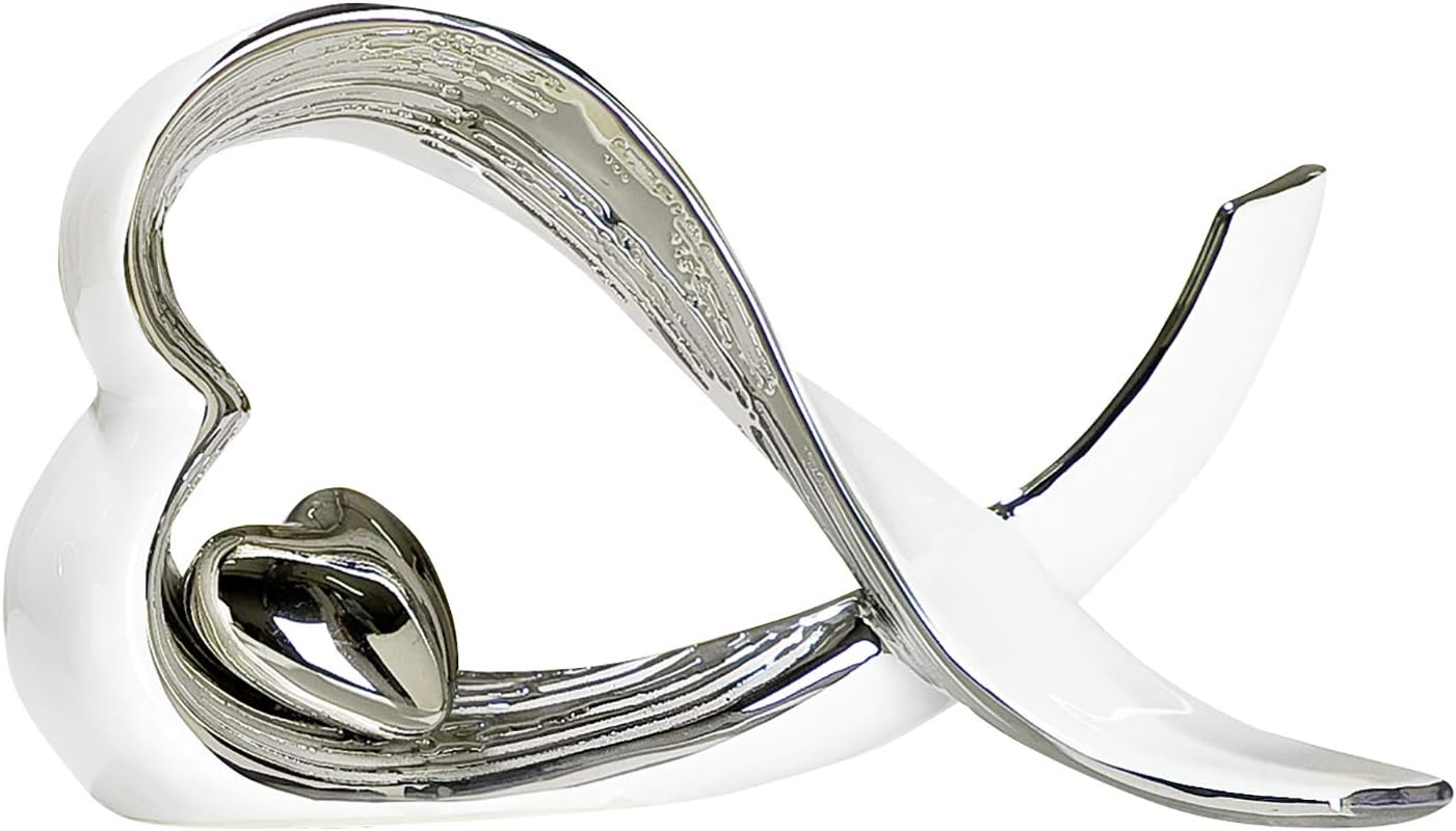 Wunderschöne Skulptur Dekofigur Herz aus Keramik weiß/silber mit Struktur Höhe 15 cm Breite 25 cm