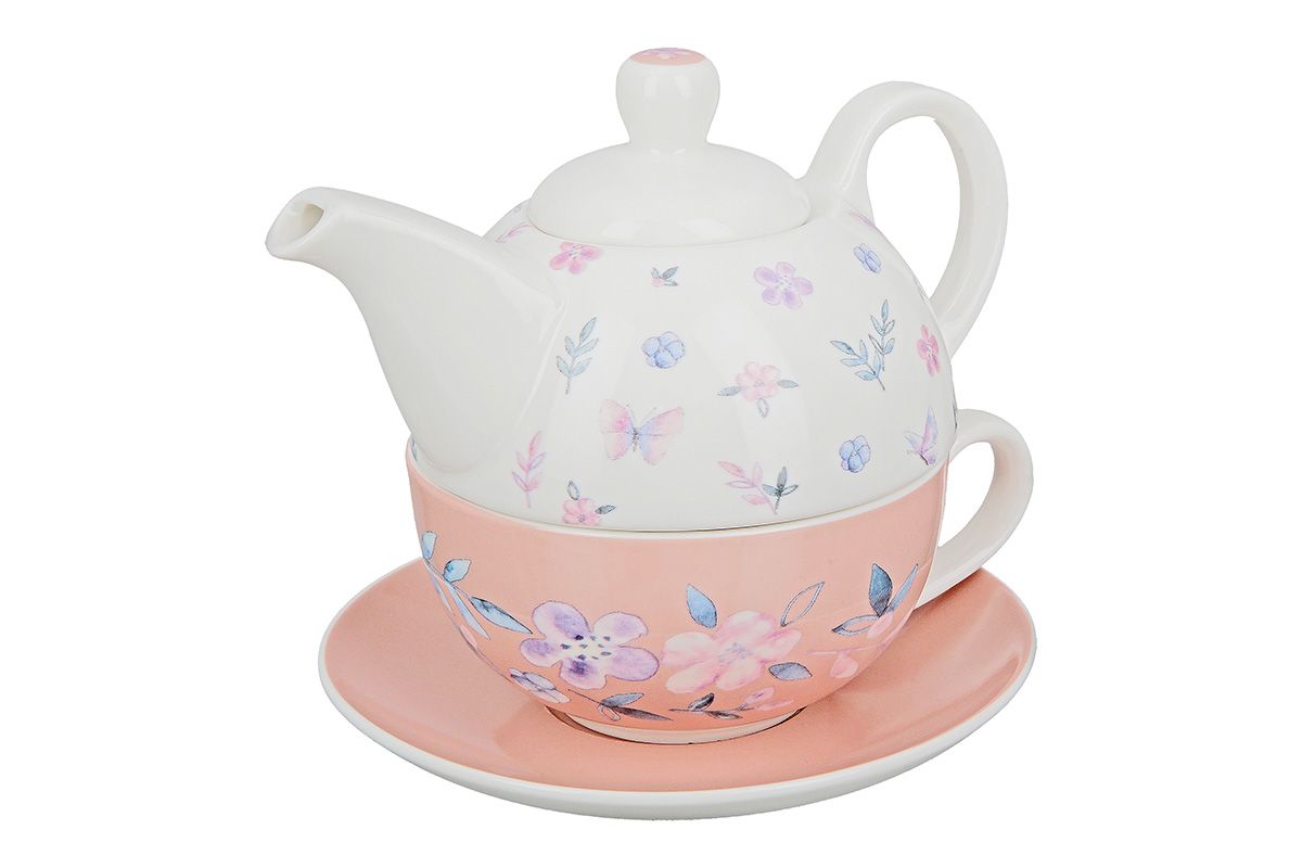 3 teiliges Set, Teekanne, Tasse und Untertasse Tea for one "Blütenzauber"