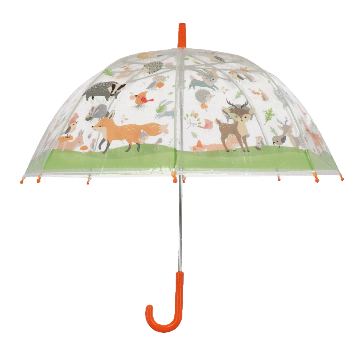 Esschert Design Kinder Regenschirm transparent mit Waldtieren und orangem Griff
