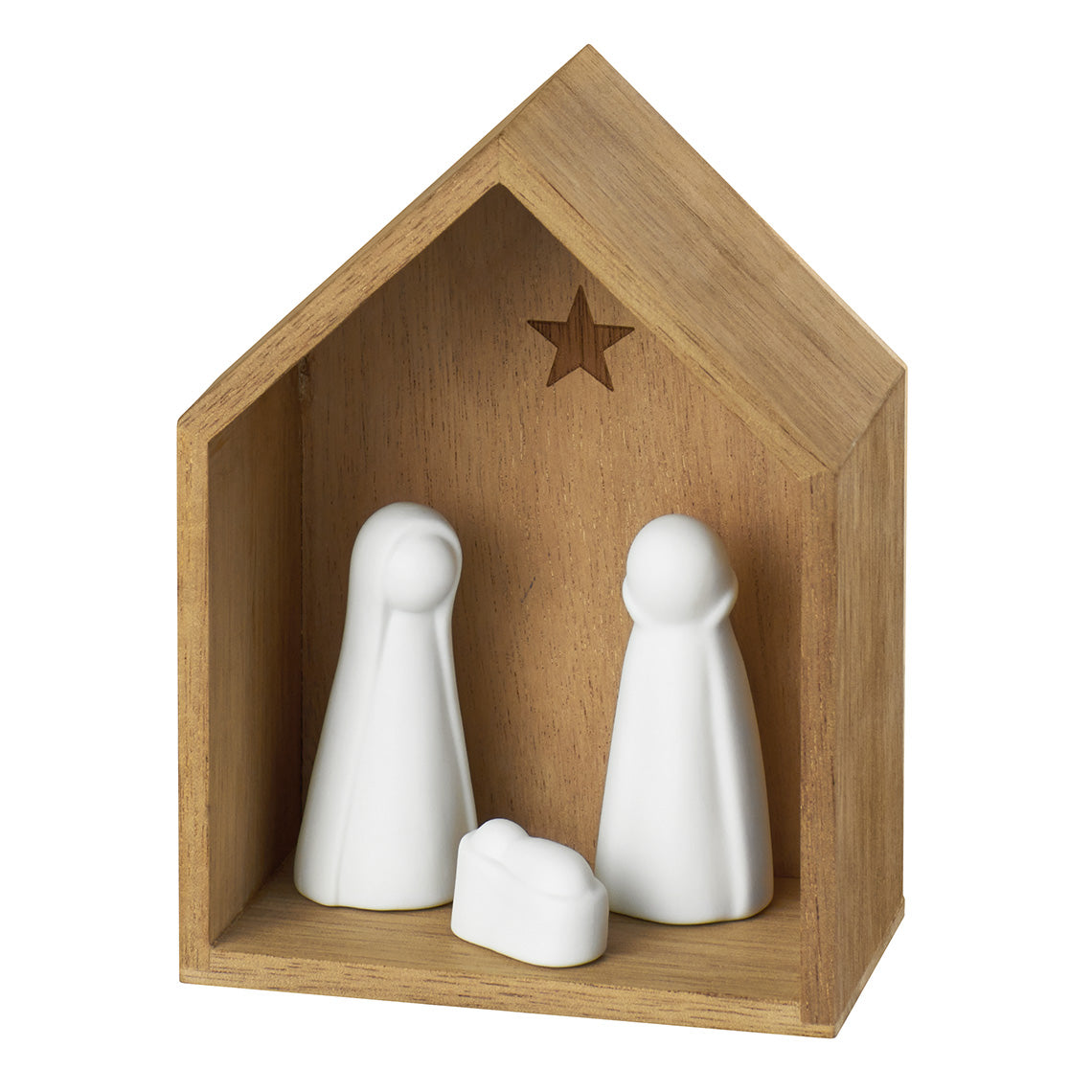 Kleine Holzkrippe aus Holz mit Stern, auf einer Seite offen, innen stehen Marie, Josef und Krippenkind aus weißem Porzellan. Größe des Hauses ca .cm