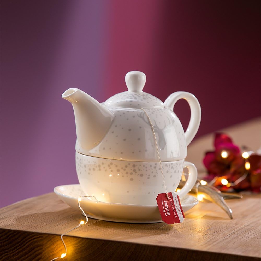 Gilde Tee-Set Tea for one im Hirsch Design, Höhe 15 cm, weiß hellgrau