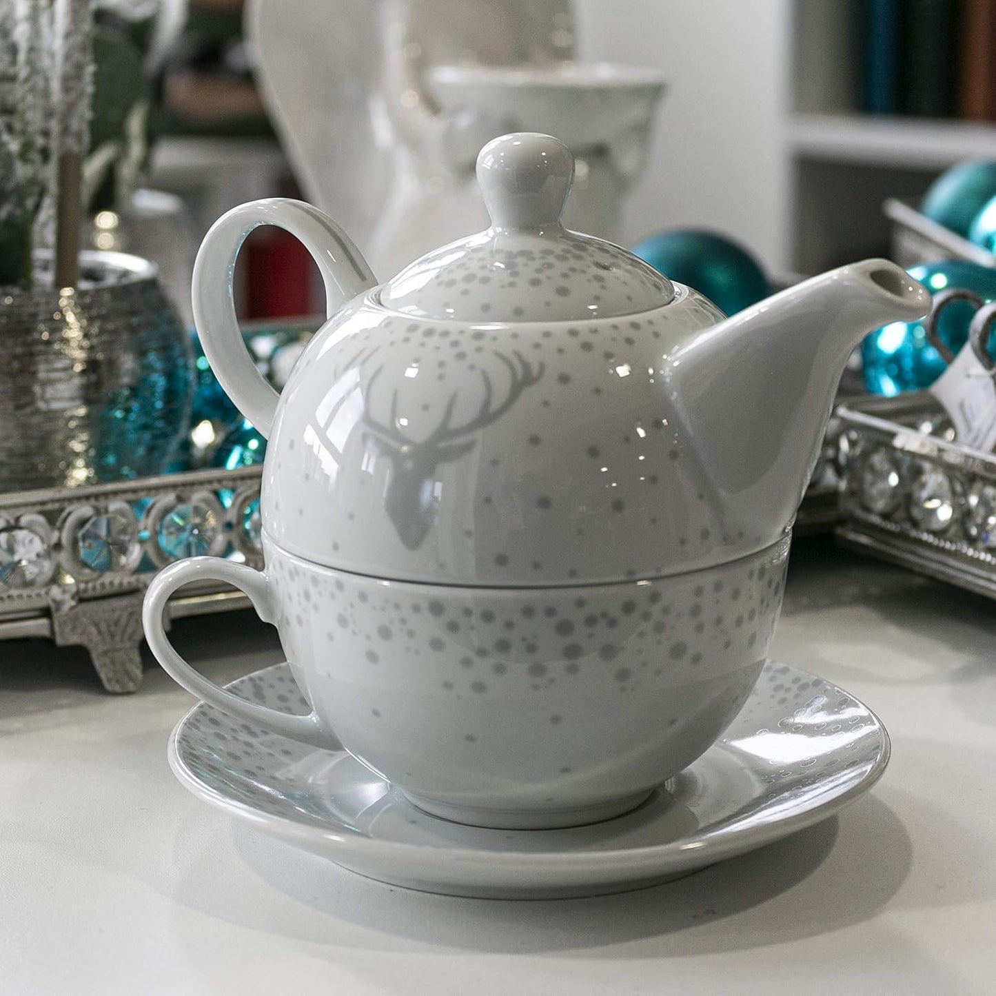 Gilde Tee-Set Tea for one im Hirsch Design, Höhe 15 cm, weiß hellgrau