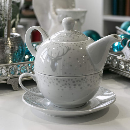 Gilde Tee-Set Tea for one im Hirsch Design, Höhe 15 cm, weiß hellgrau