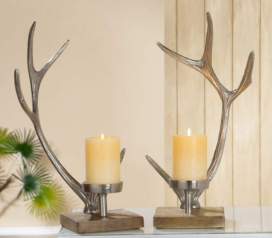 GILDE Kerzenständer Geweih aus Aluminium mit Holzfuß